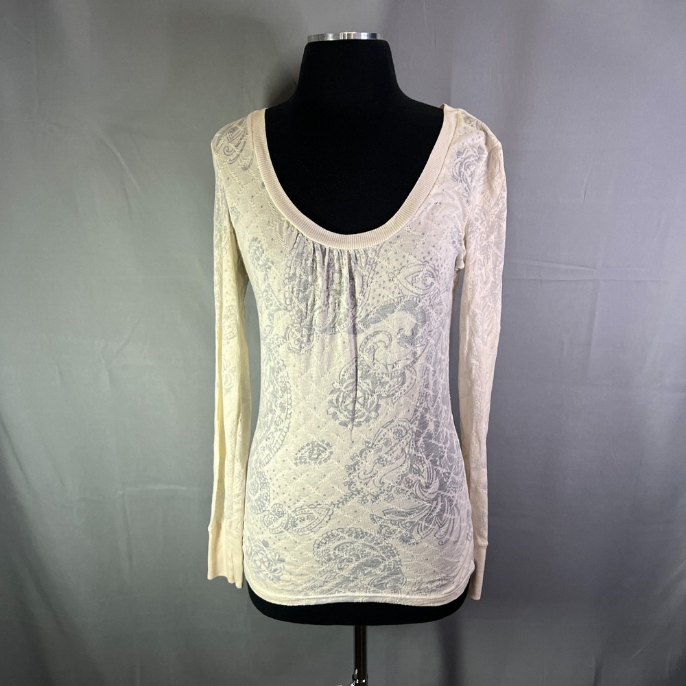 Buckle Blouse Top Womens Medium Beige Paisley Print Sheer Scoop Neck Long Sleeve